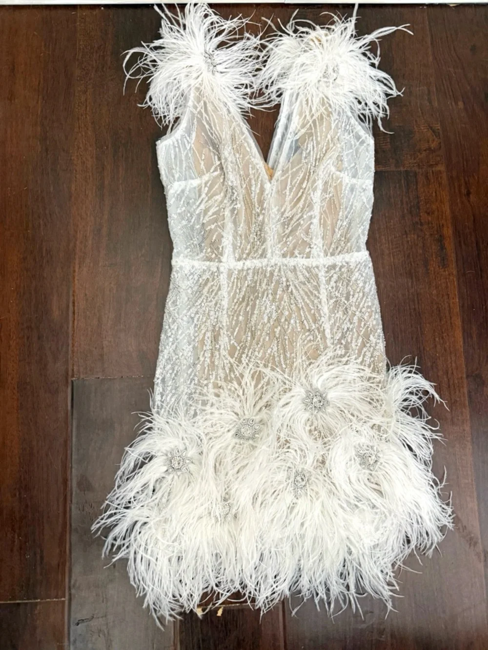 NADINE MERABI  Mila White Feather Sequin Ivory Mini Dress with Nude Slip Sz S - Picture 8 of 17